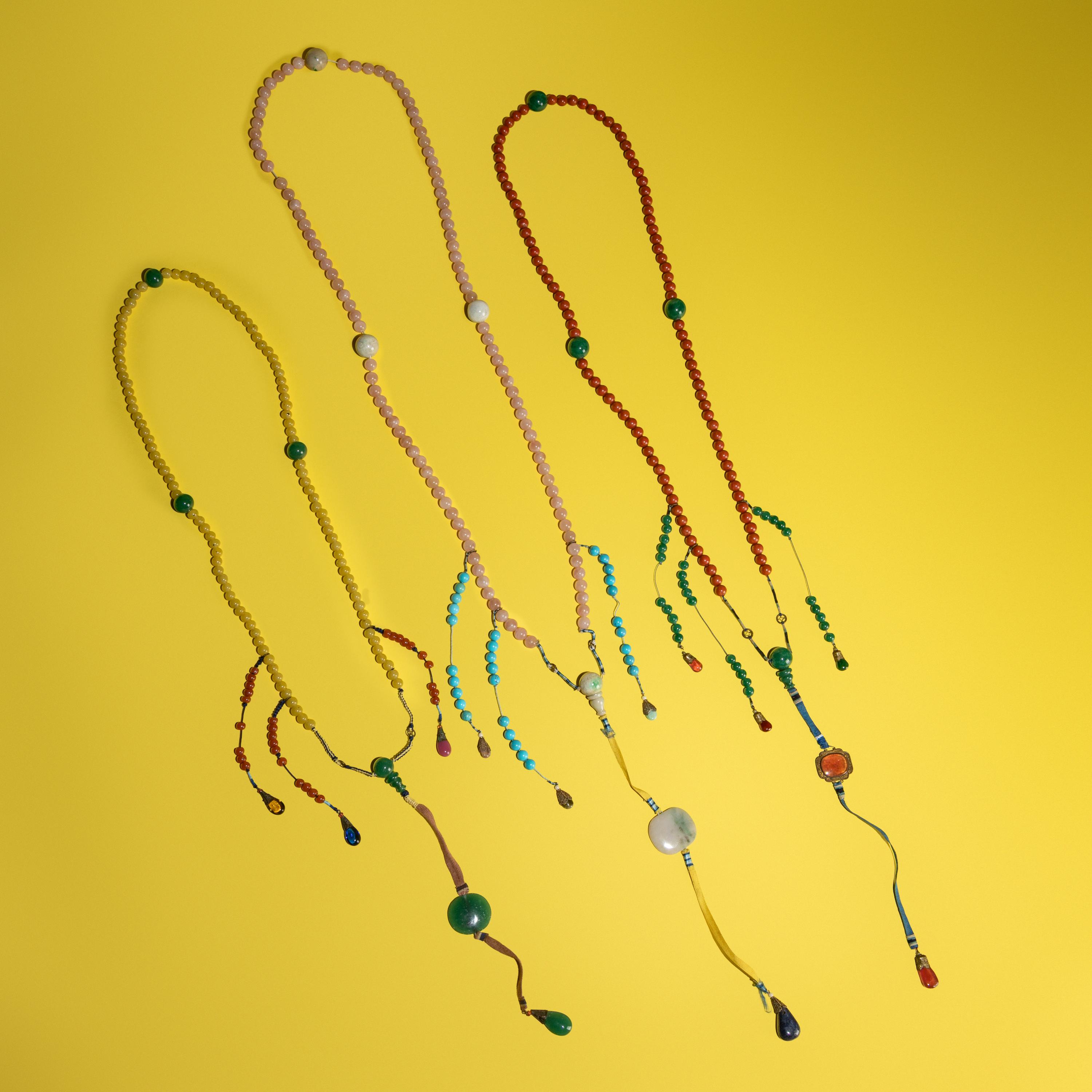 Three Chinese Court Necklaces, Chaozhu, Late 19th-Early 20th Century — 清晚期 水晶、料器朝珠三挂