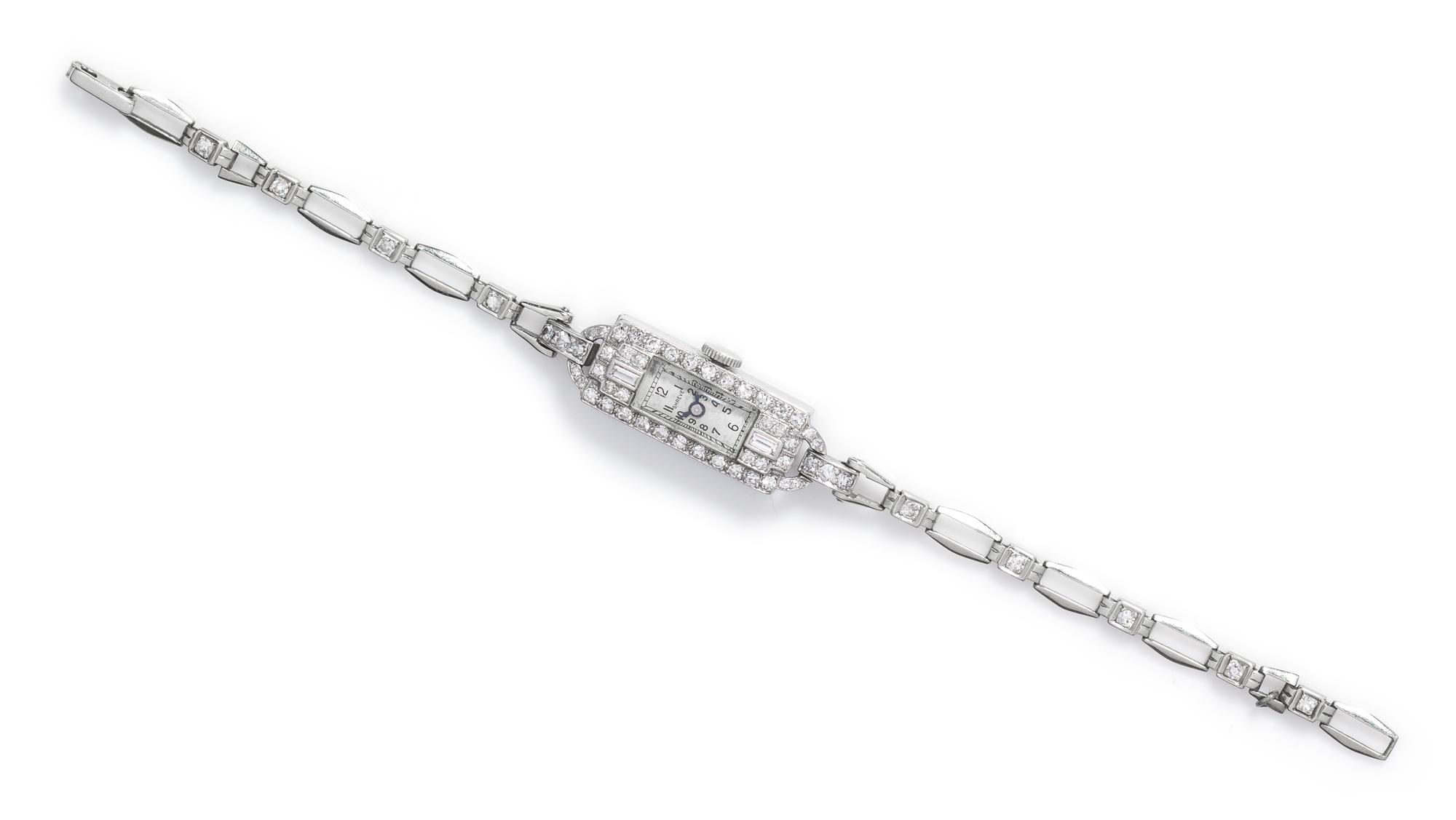 A Platinum, White Gold and Diamond Wristwatch, Shreve, 8.60 dwts.