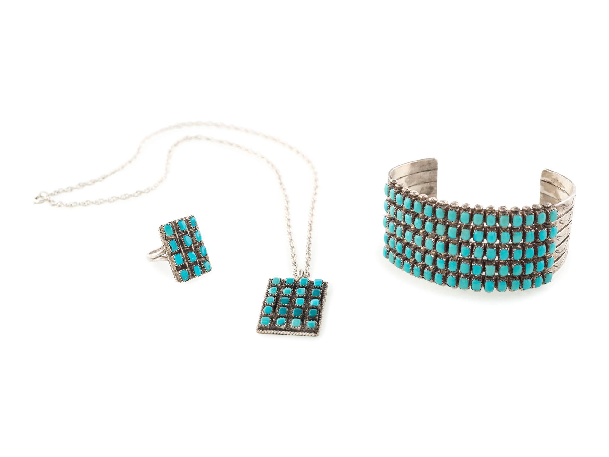 Silver and Turquoise Cuff Bracelet, Ring, AND Pendant