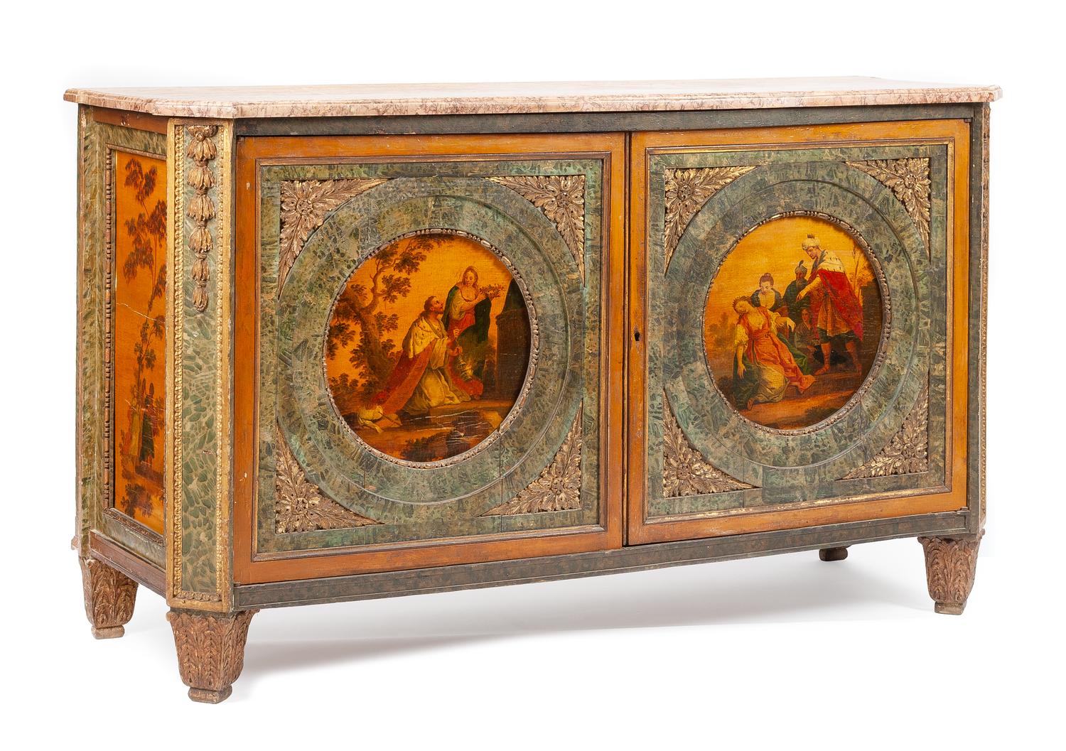 A Louis XVI Style Painted and Parcel Gilt Cabinet Height 36 3/4 x width 63 x depth 22 inches. — 19TH CENTURY