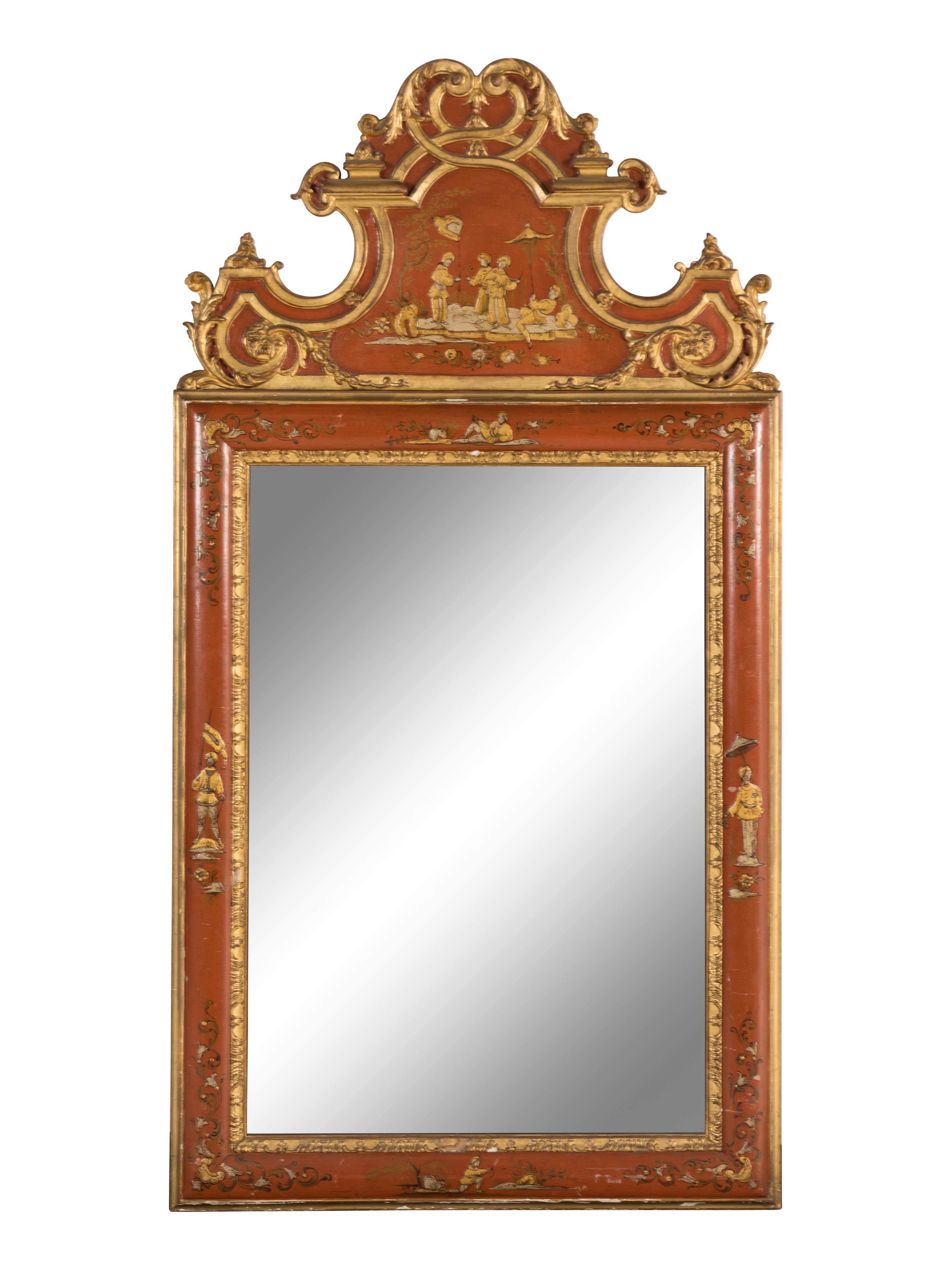 A Louis XVI Style Chinoiserie Decorated and Parcel Gilt Mirror
