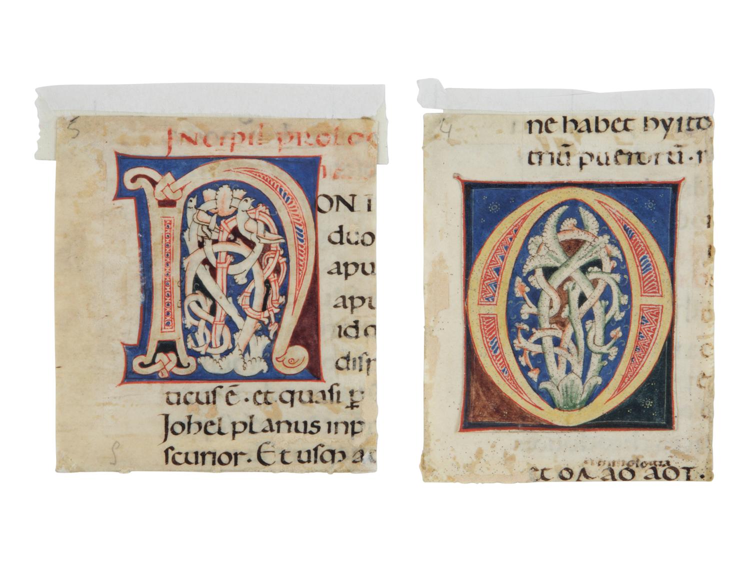 SIENESE(?) ILLUMINATOR Two decorated initials ‘N’ and ‘O’ from an Atlantic Bible, in Latin, illuminated manuscript on parchment [Tuscany, c. 1175–1200]