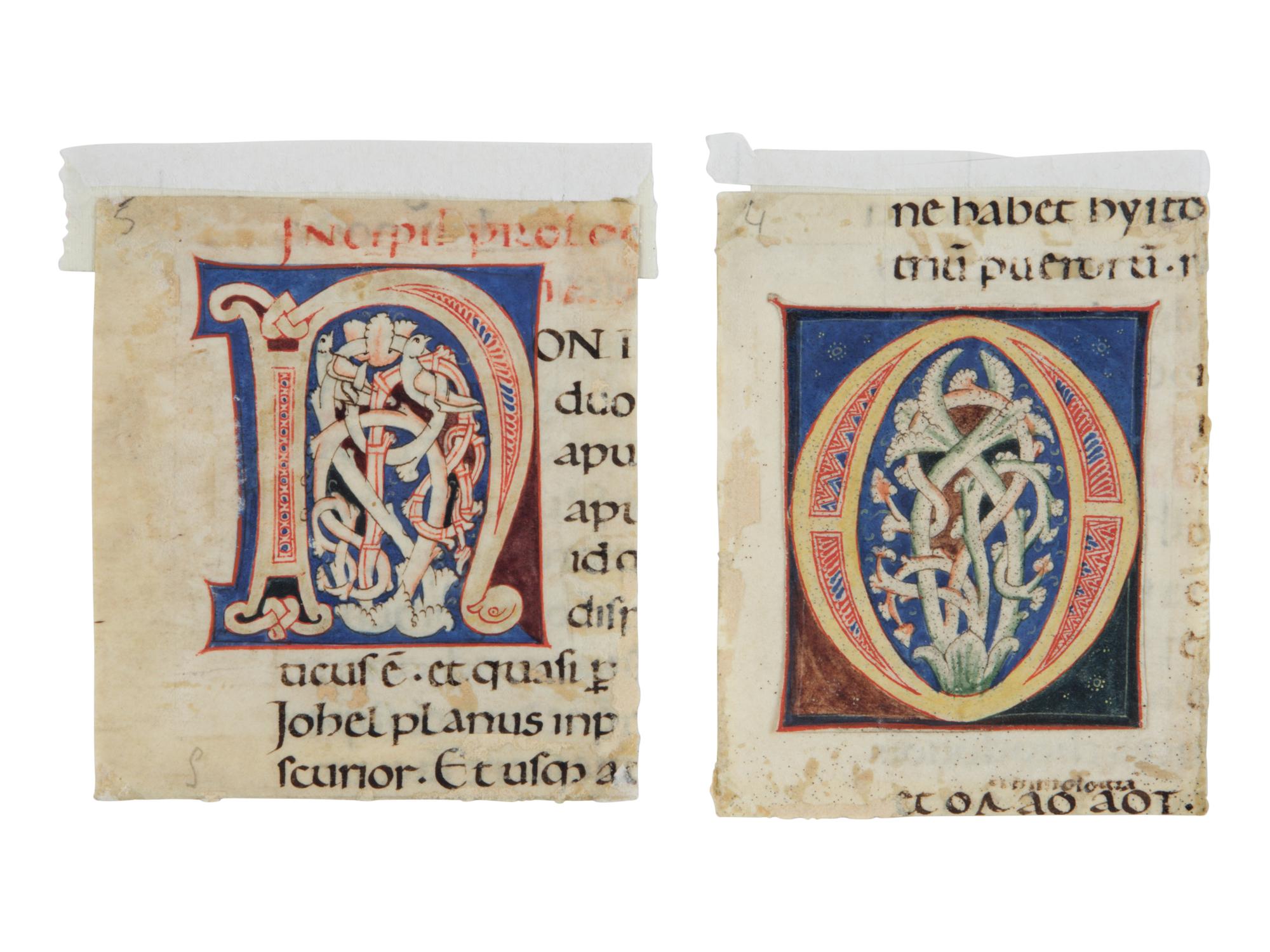 SIENESE(?) ILLUMINATOR Two decorated initials ‘N’ and ‘O’ from an Atlantic Bible, in Latin, illuminated manuscript on parchment [Tuscany, c. 1175–1200]