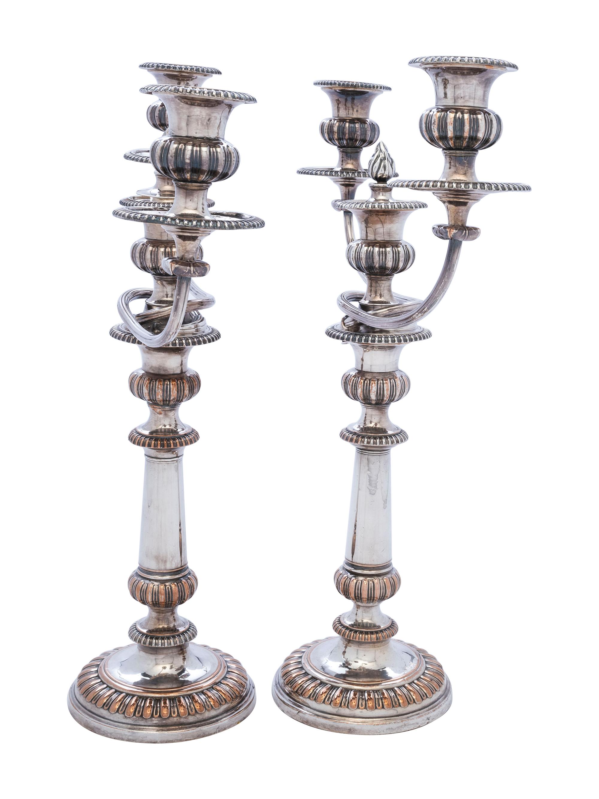 A Pair of English Silverplate Three Light Candelabra