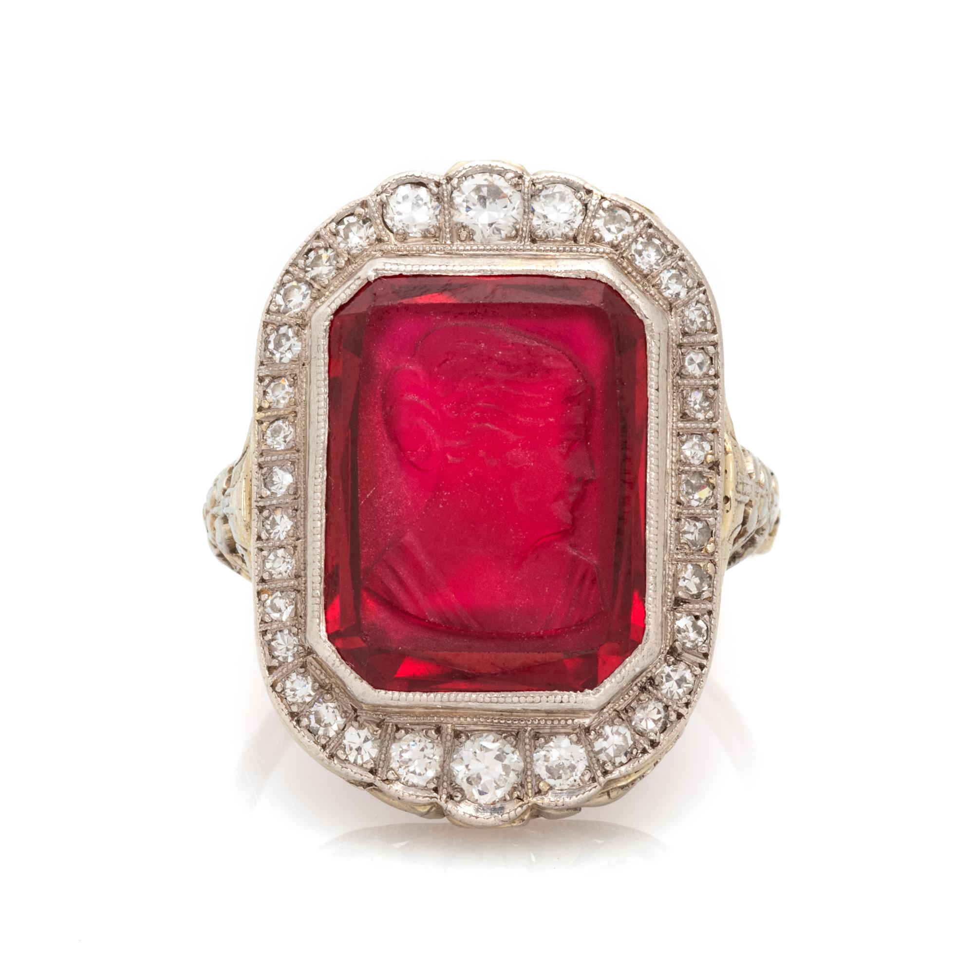 ART DECO, GLASS CAMEO AND DIAMOND RING