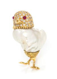 An 18 Karat Yellow Gold, Baroque Pearl, Diamond and Ruby Bird Brooch, Seaman Schepps, 10.20 dwts.