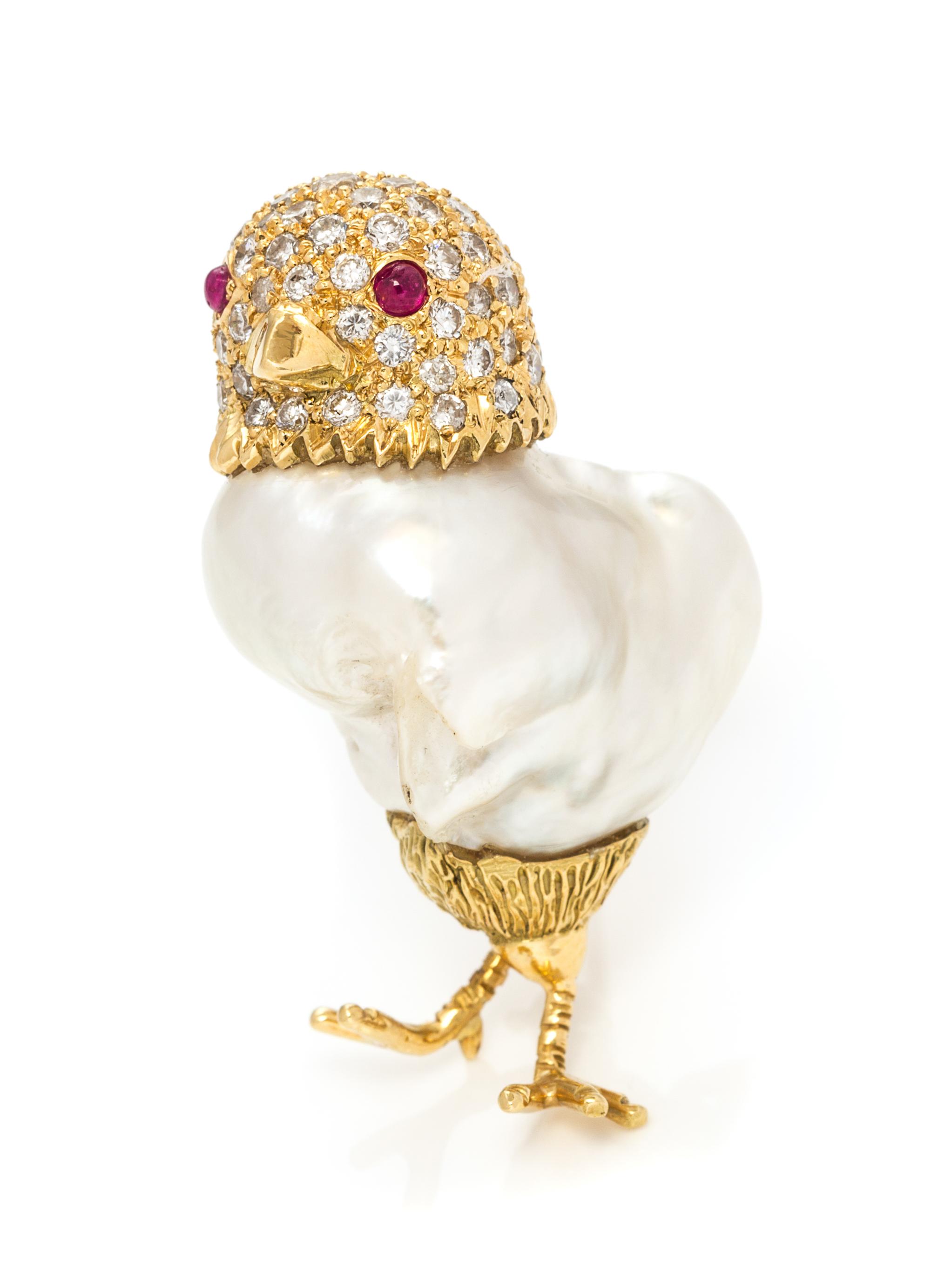 An 18 Karat Yellow Gold, Baroque Pearl, Diamond and Ruby Bird Brooch, Seaman Schepps, 10.20 dwts.