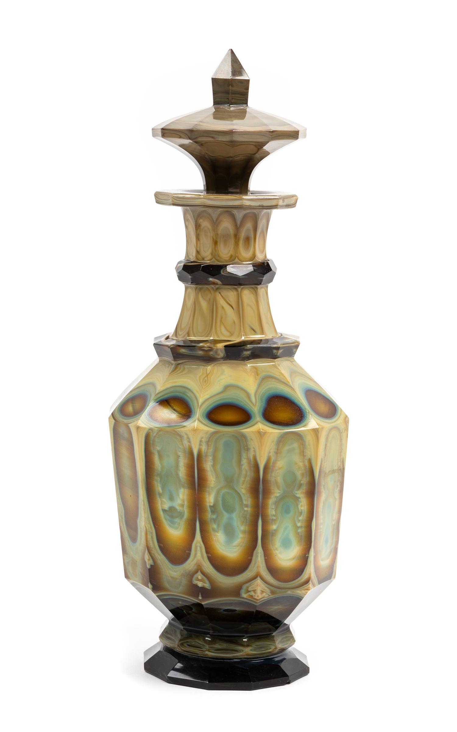 A Continental Green, Blue and Brown Lithyalin Glass Decanter and Stopper Height 10 inches. — PROBABLY FRIEDRICH EGERMANN, CIRCA 1830