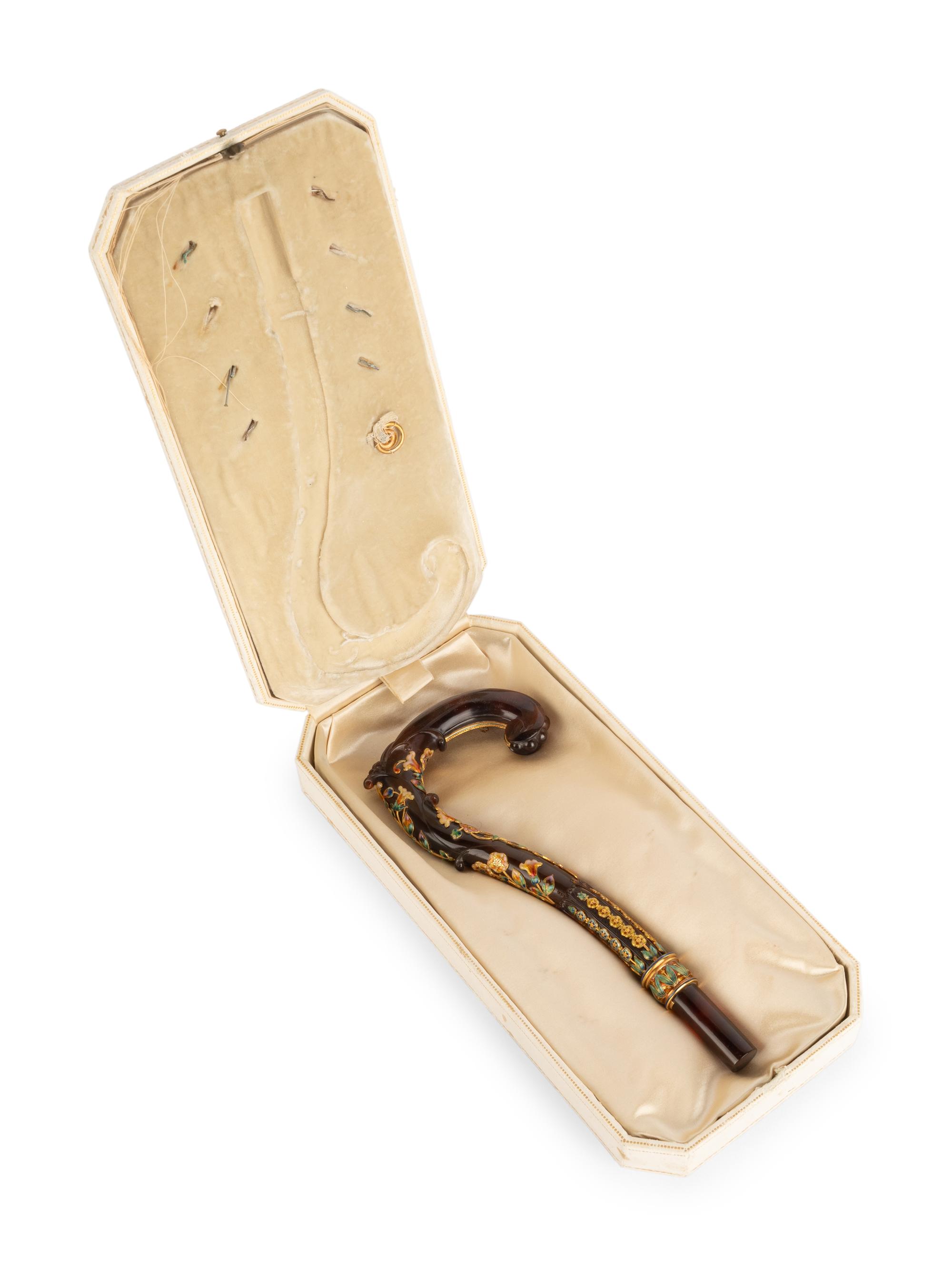 A French Gold-Mounted and Enameled Tortoise Shell Parasol Handle Retailed by Tiffany and Co.