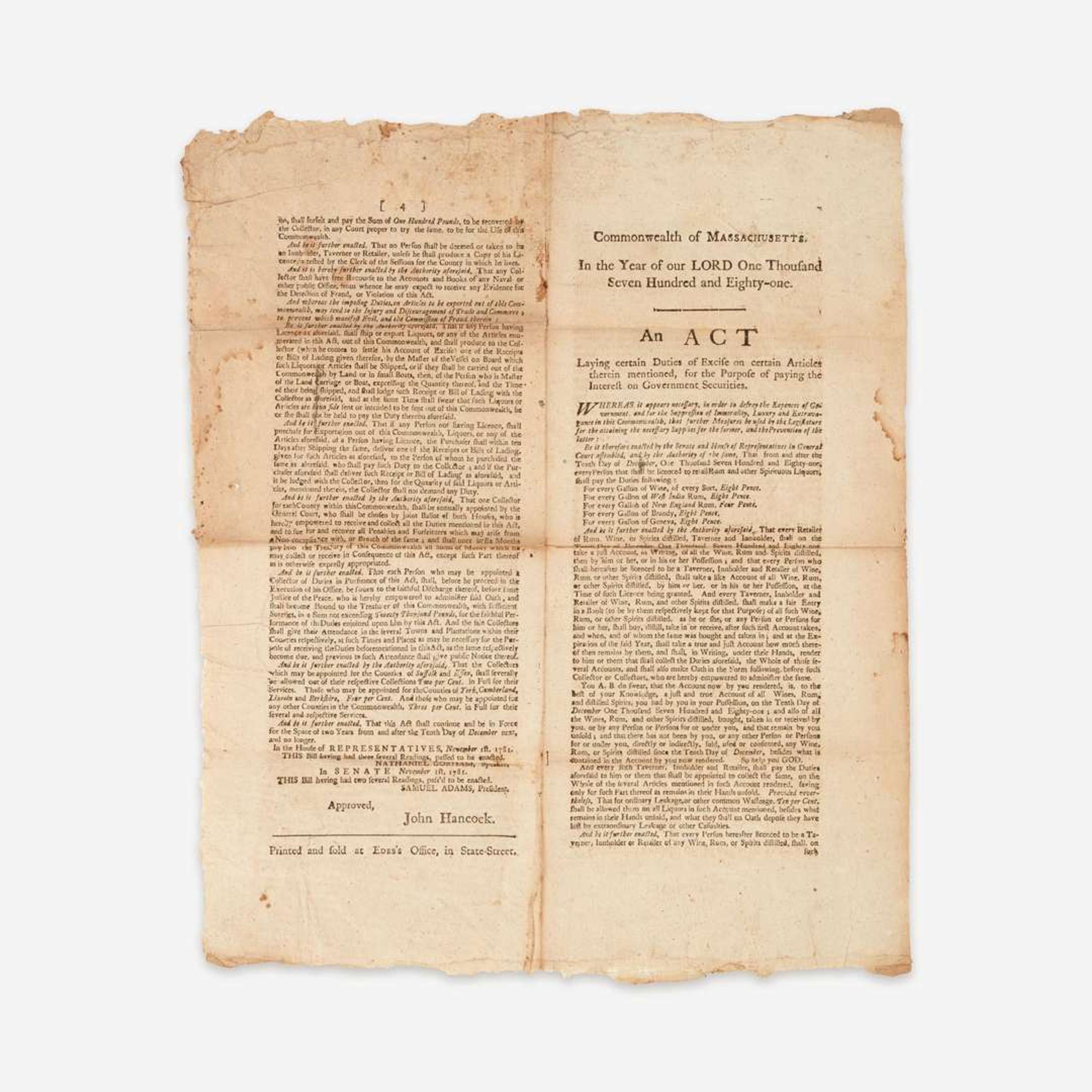 [Americana] [Hancock, John] Printed Excise Bill of the Commonwealth of Massachusetts