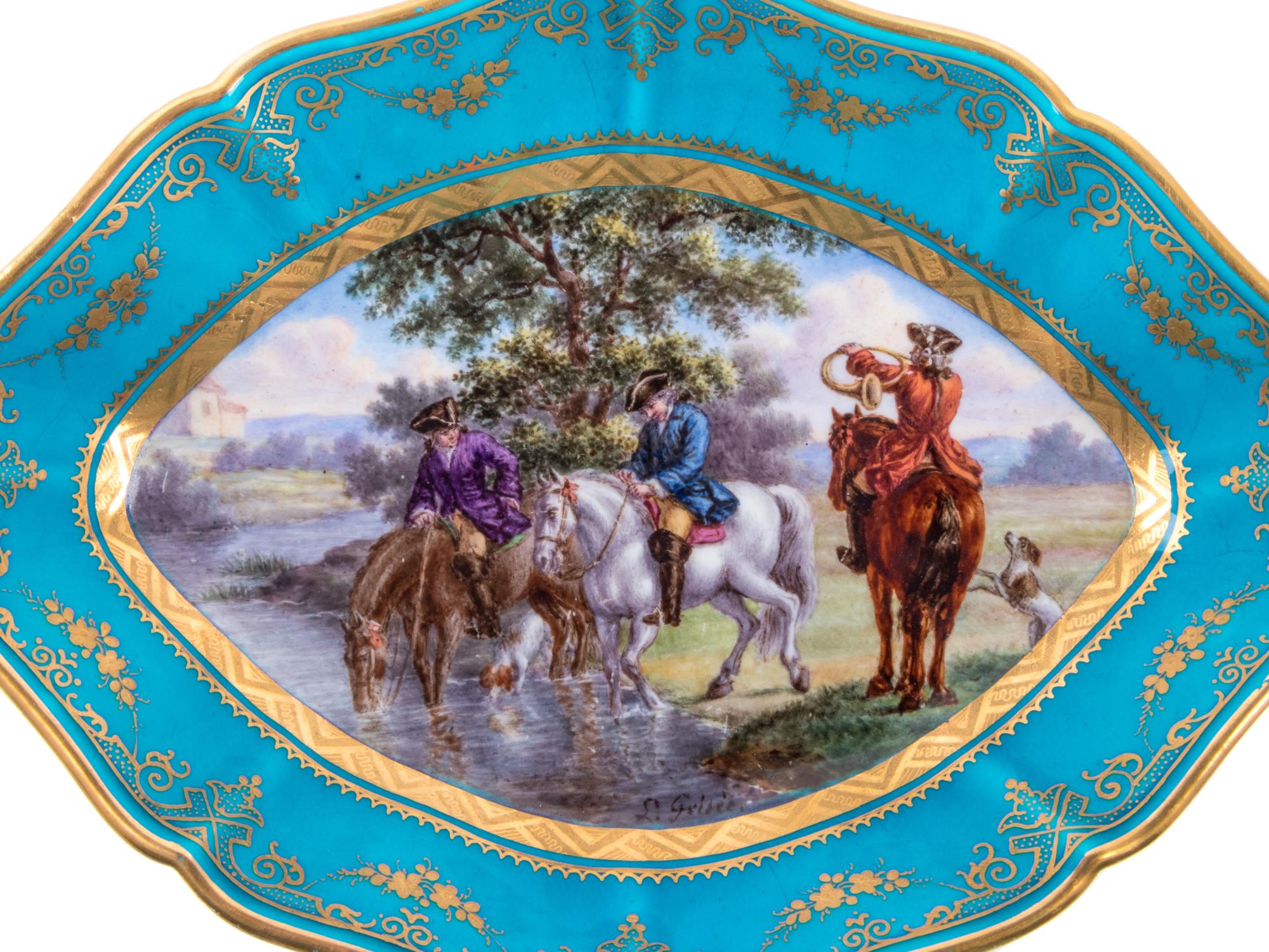 A Pair of Sèvres Style Painted and Parcel Gilt Celeste Blue-Ground Porcelain Lozenge-Form Dishes