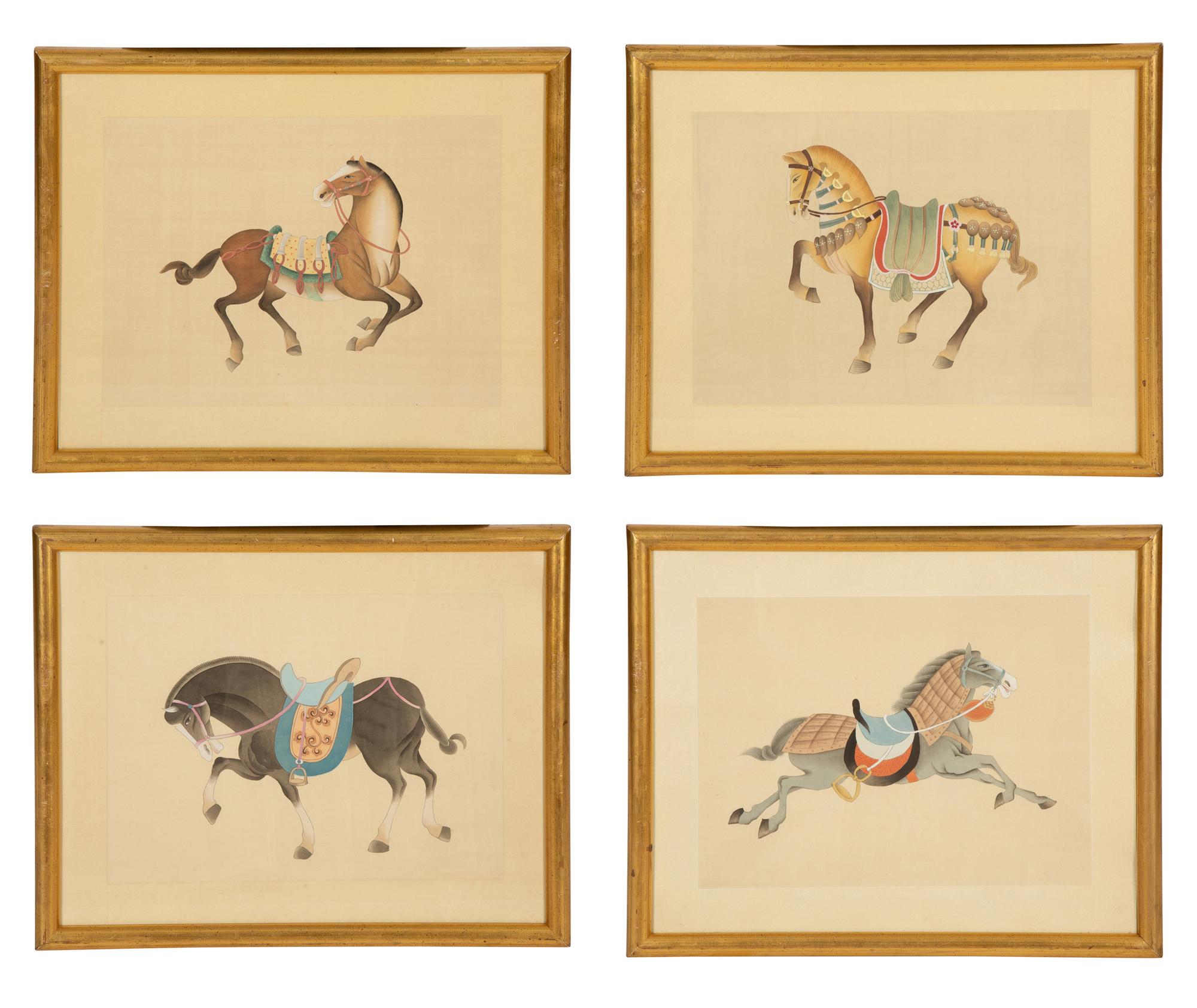 A Group of Four Chinese Gilt Framed Watercolors of Horses