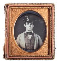 [MEXICAN WAR]. Sixth plate daguerreotype of Mexican War-period soldier wearing pattern 1839 forage cap.