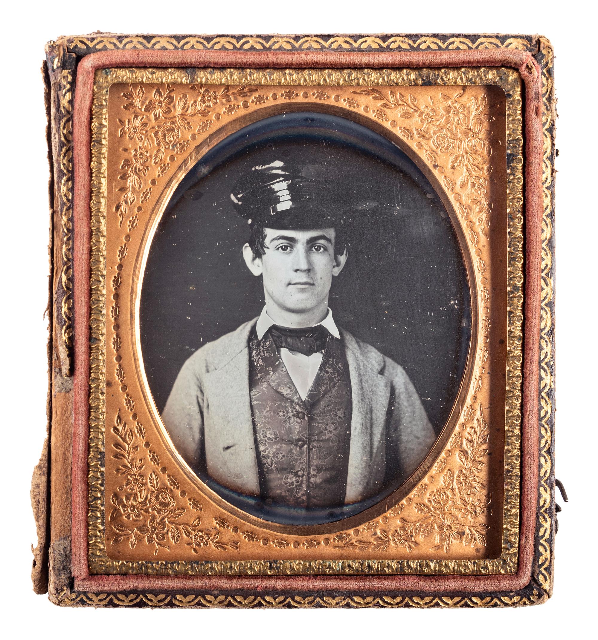 [MEXICAN WAR]. Sixth plate daguerreotype of Mexican War-period soldier wearing pattern 1839 forage cap.