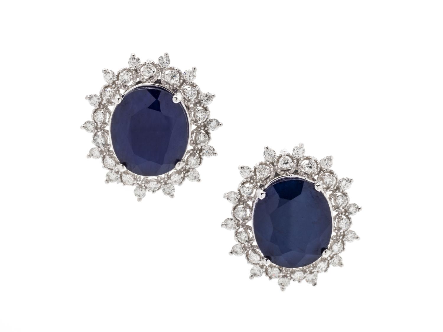 A Pair of 14 Karat White Gold, Sapphire and Diamond Earrings,