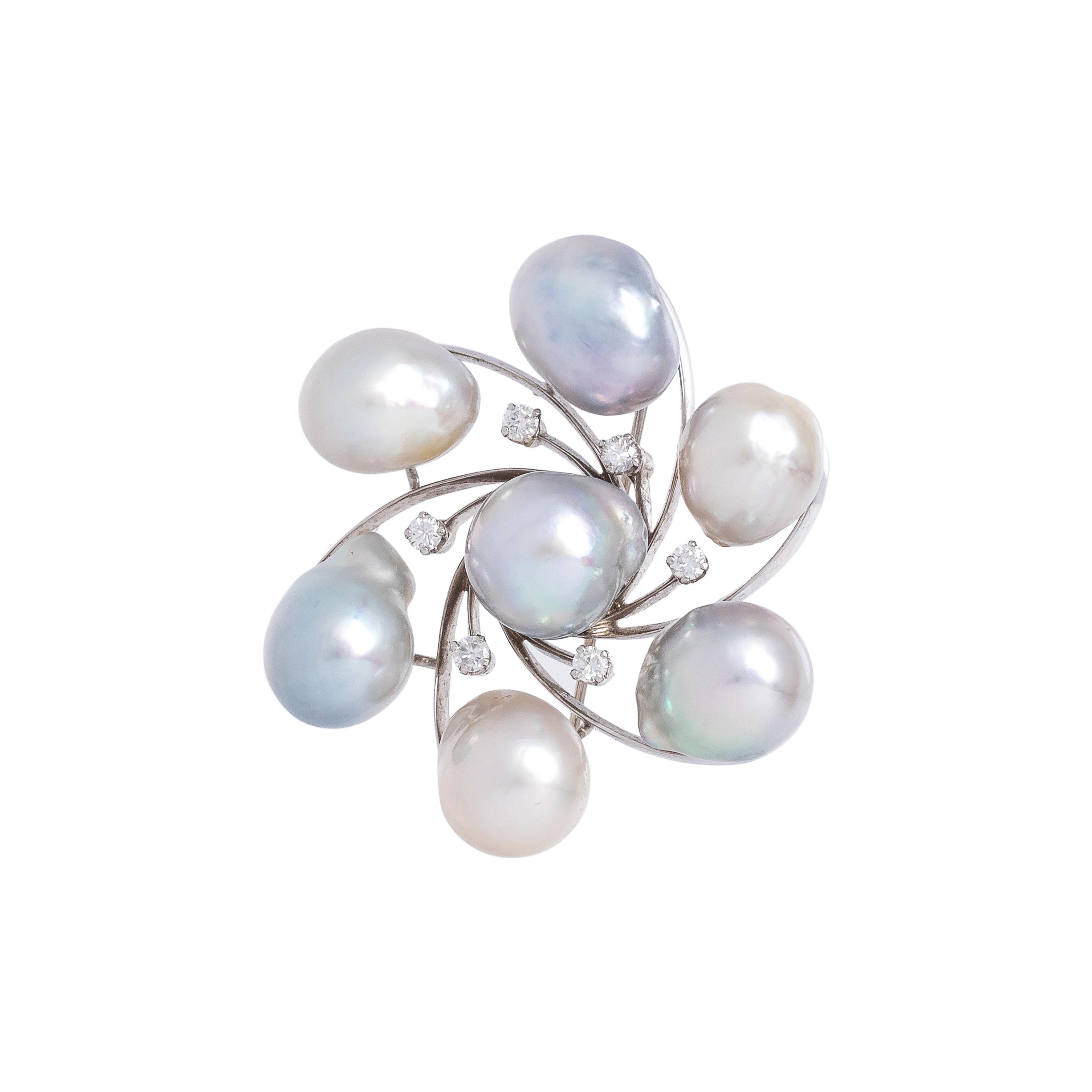 CULTURED BAROQUE PEARL AND DIAMOND BROOCH