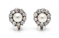 A Pair of Silver Topped Gold, Diamond and Cultured Pearl Earclips, 5.20 dwts.