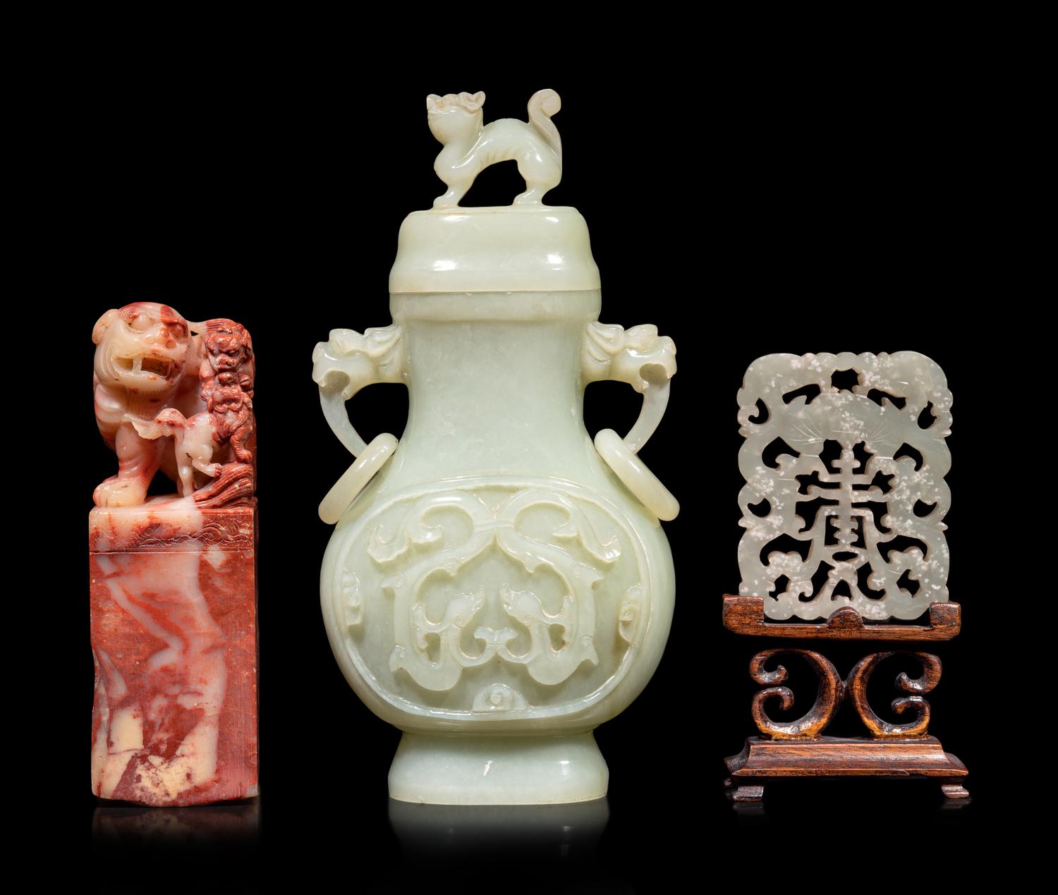 Two Chinese Carved Hardstone Articles and A Carved Soapstone Seal