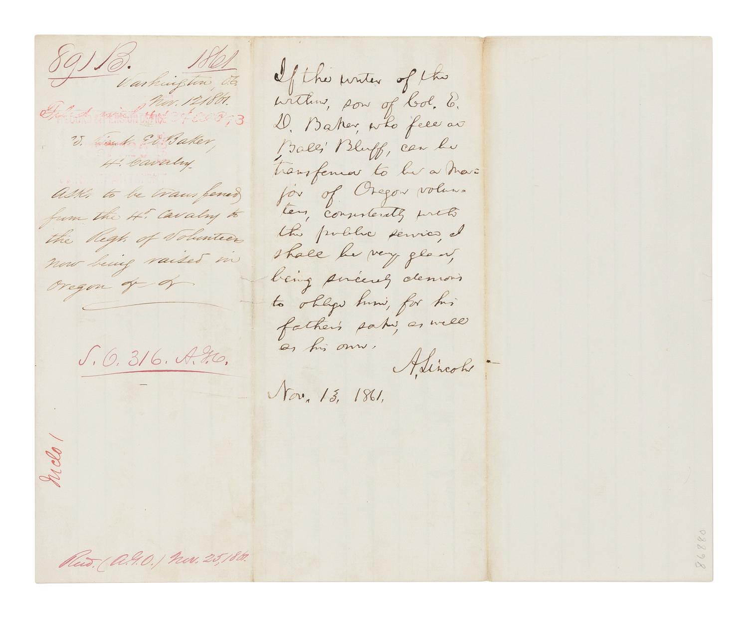 LINCOLN, Abraham (1809-1865). Autograph endorsement, signed ("A. Lincoln") as President, to Secretary of War Simon Cameron. Washington, D.C., 13 November 1861.