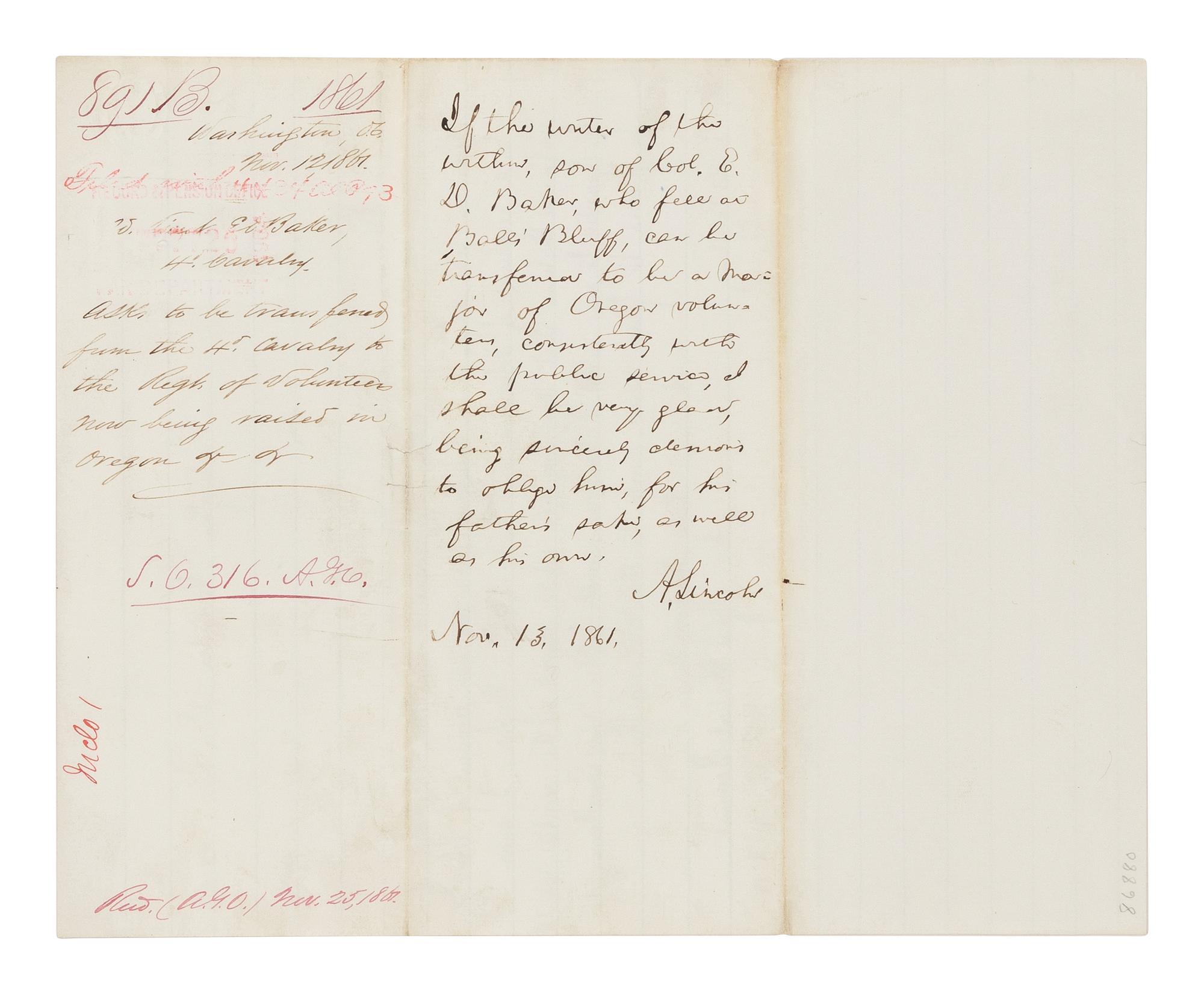 LINCOLN, Abraham (1809-1865). Autograph endorsement, signed ("A. Lincoln") as President, to Secretary of War Simon Cameron. Washington, D.C., 13 November 1861.