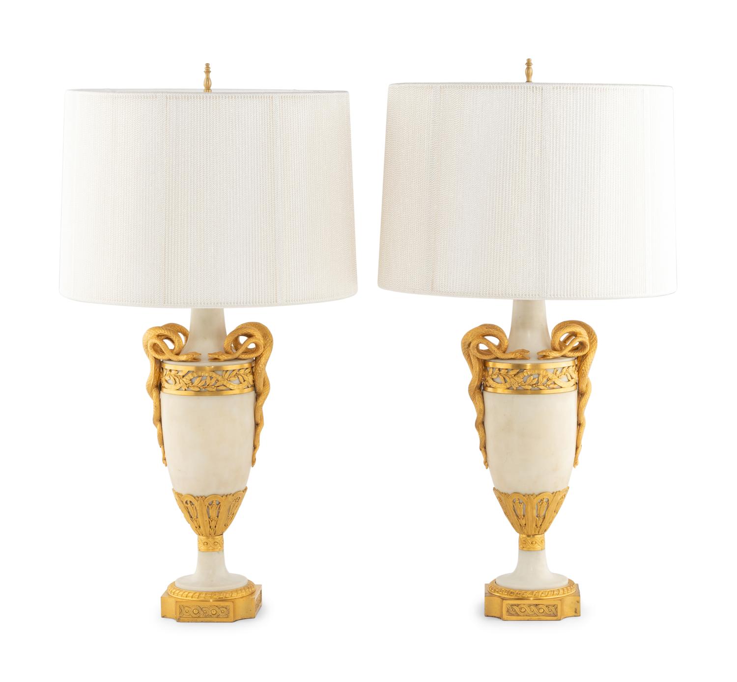 A Pair of Gilt Bronze Mounted Marble Lamps