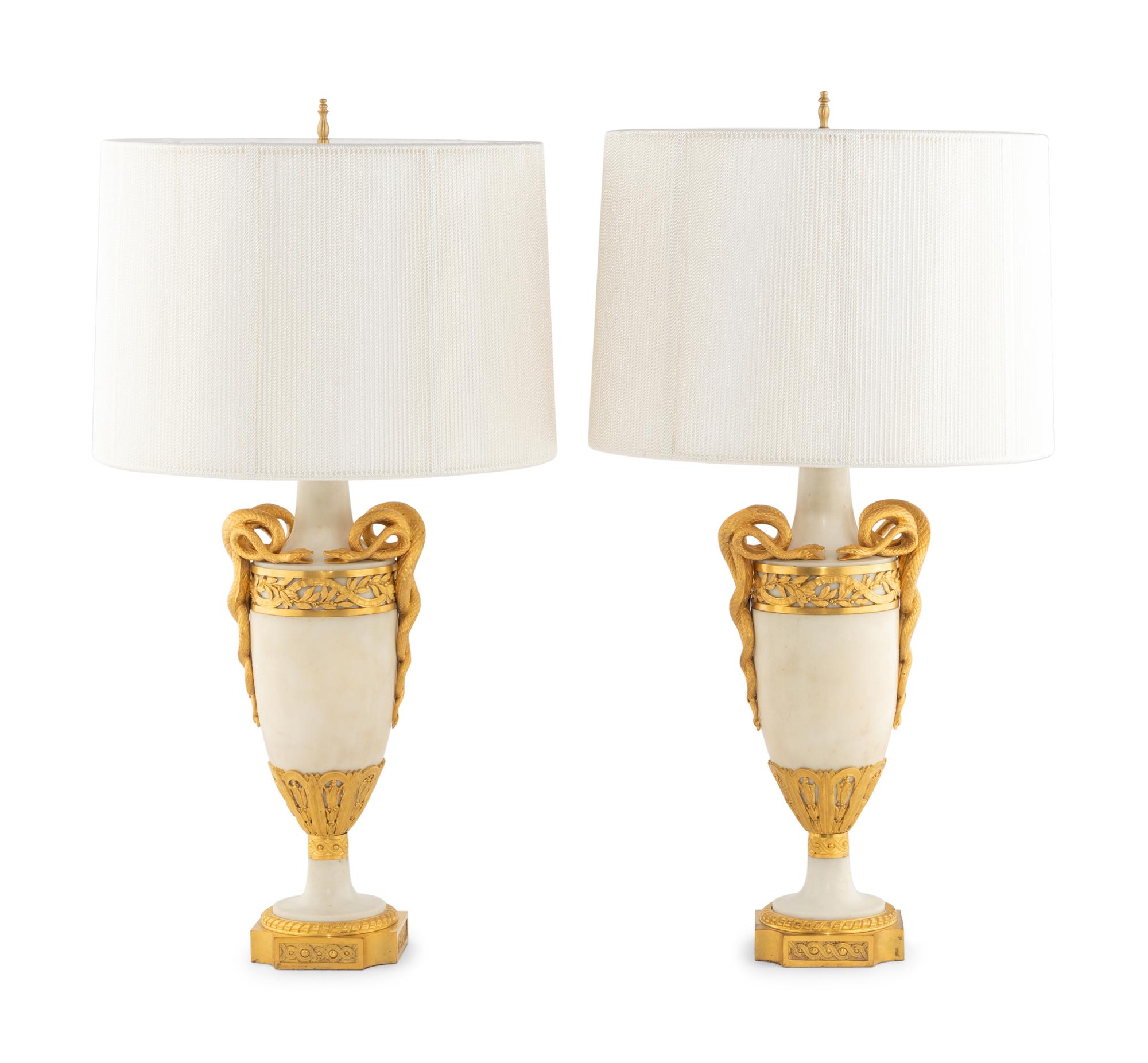 A Pair of Gilt Bronze Mounted Marble Lamps