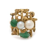 YELLOW GOLD, CULTURED PEARL AND JADE RING