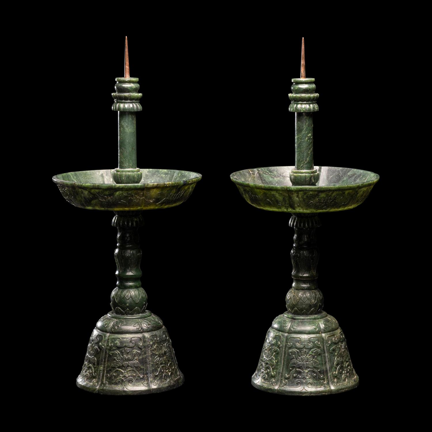 A Pair of Chinese Carved Spinach Jade Pricket Candlesticks