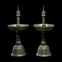 A Pair of Chinese Carved Spinach Jade Pricket Candlesticks