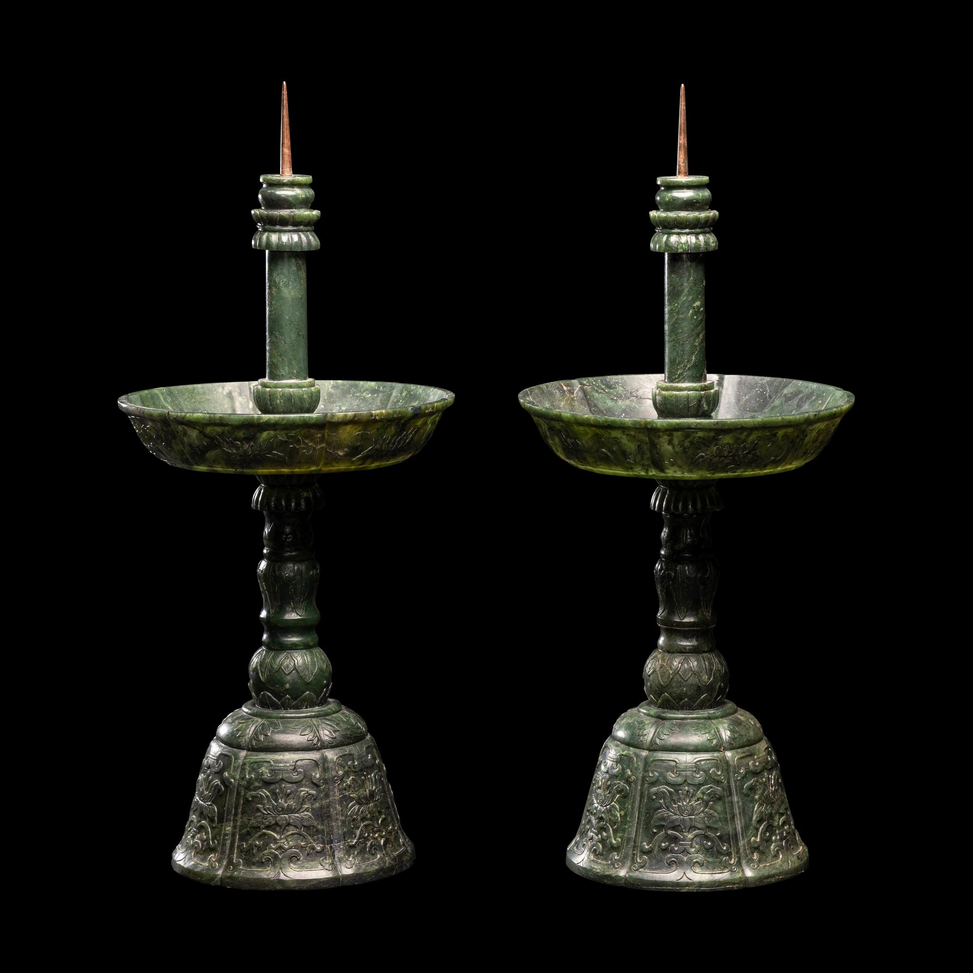 A Pair of Chinese Carved Spinach Jade Pricket Candlesticks