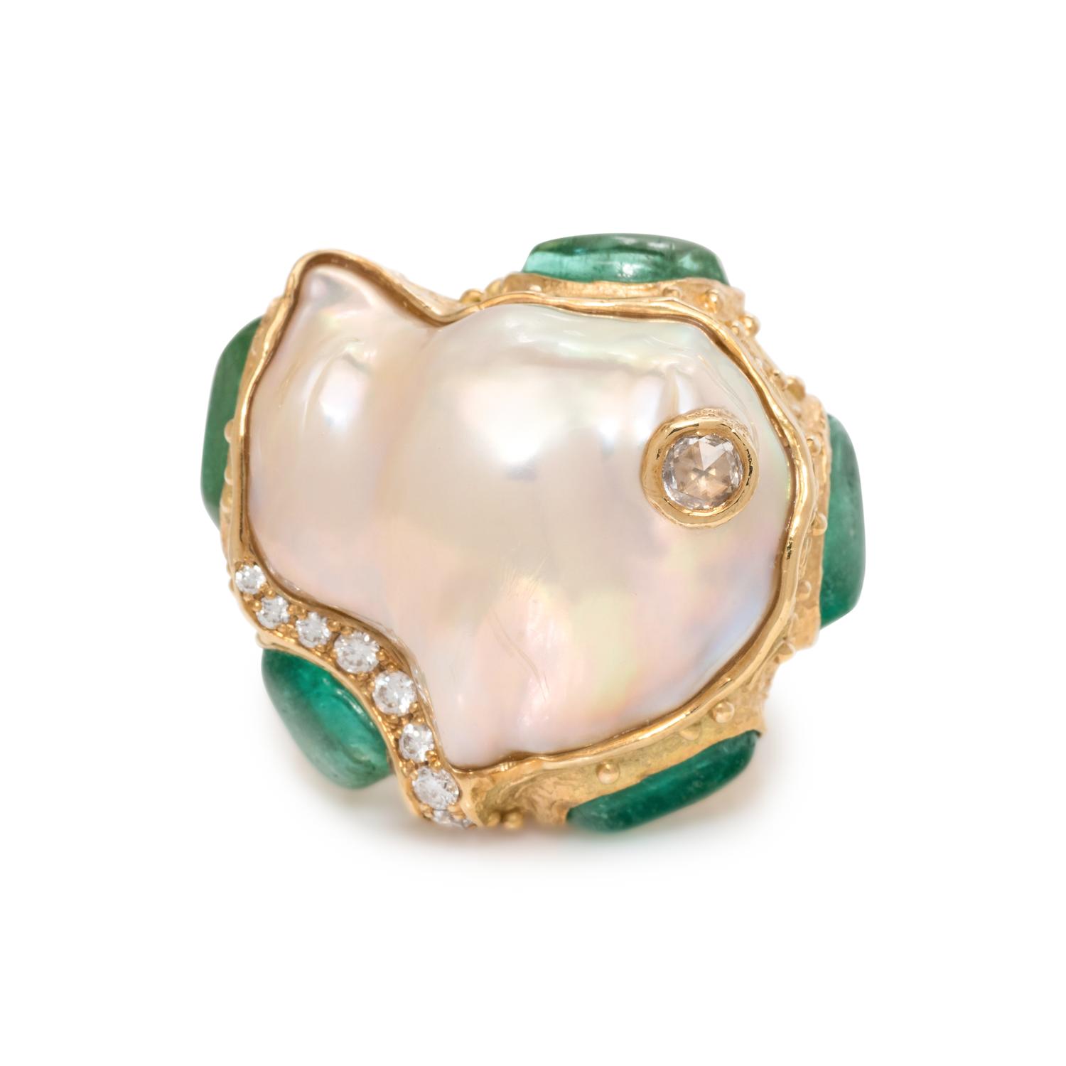 KATY BRISCOE, CULTURED BAROQUE PEARL, DIAMOND AND EMERALD RING