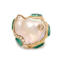KATY BRISCOE, CULTURED BAROQUE PEARL, DIAMOND AND EMERALD RING