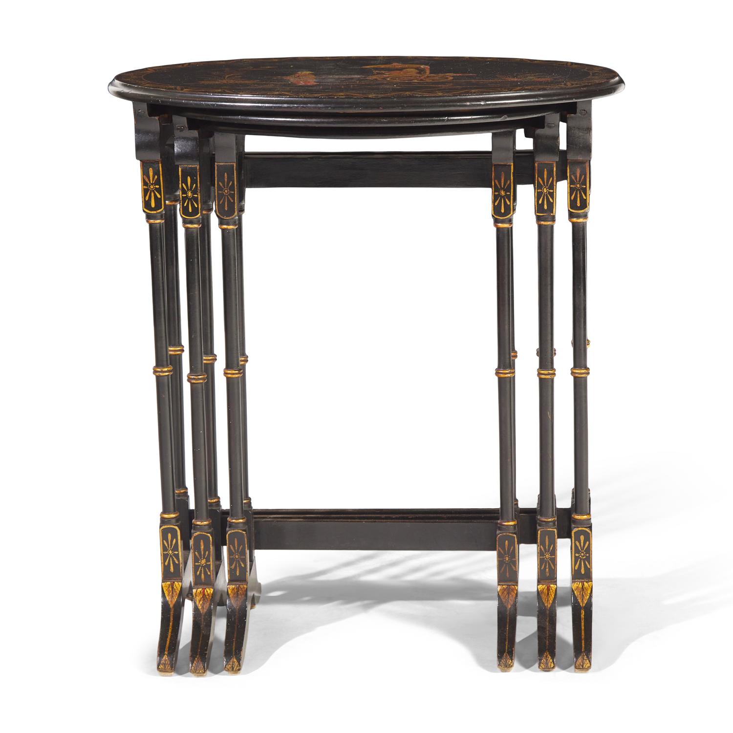 A Set of Regency Style Black Lacquer Chinoiserie Nesting Tables
