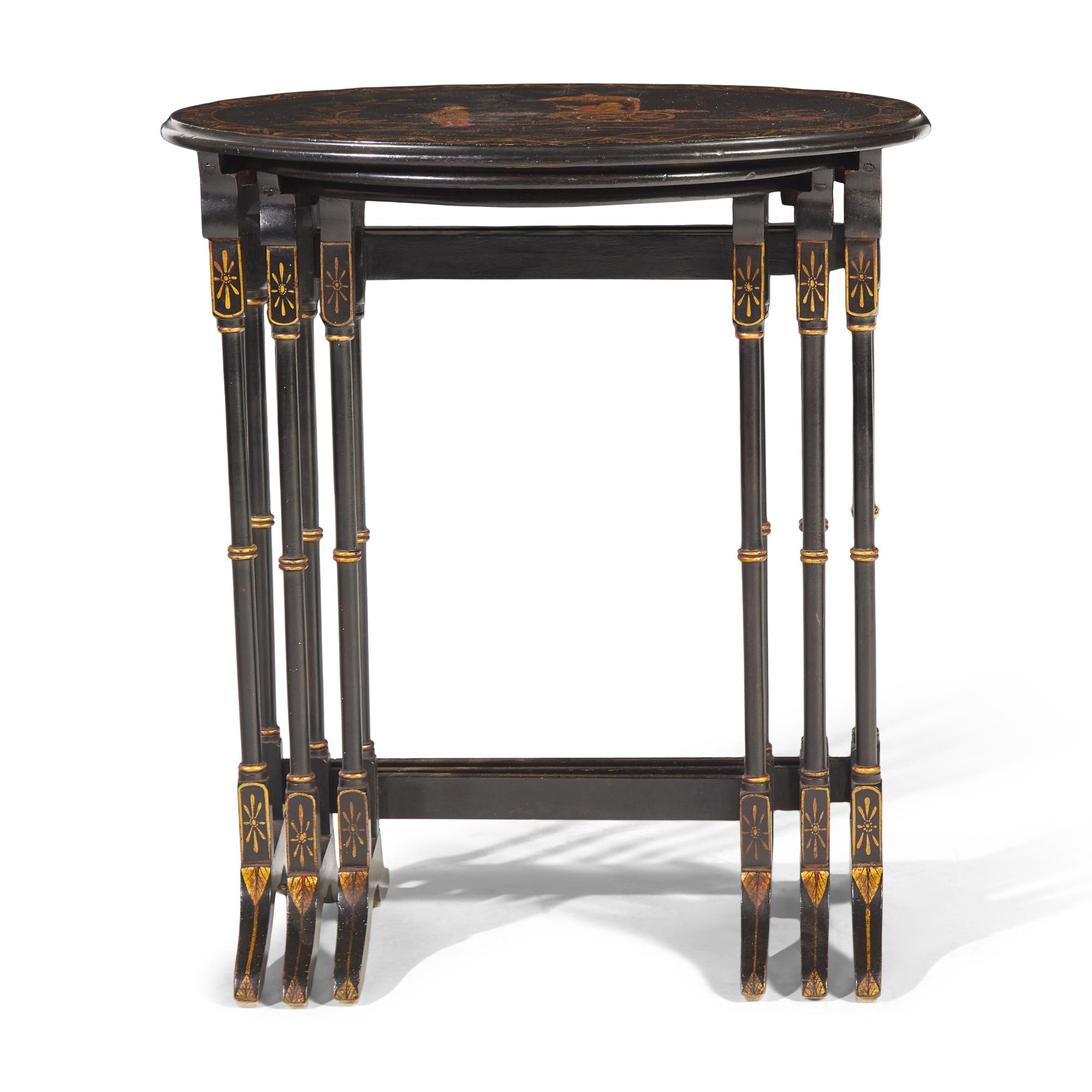 A Set of Regency Style Black Lacquer Chinoiserie Nesting Tables