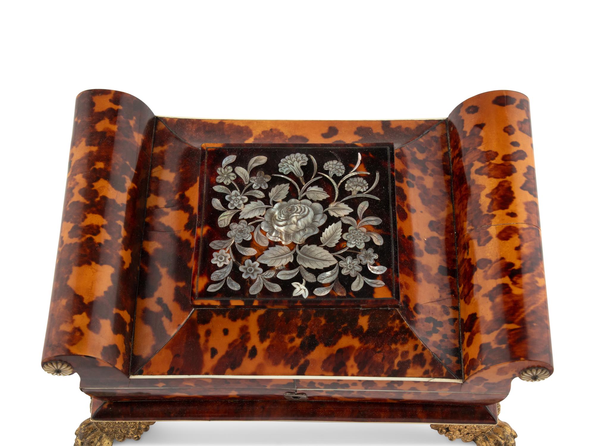 A Regency Tortoise Shell and Mother-of-Pearl Needlework Box