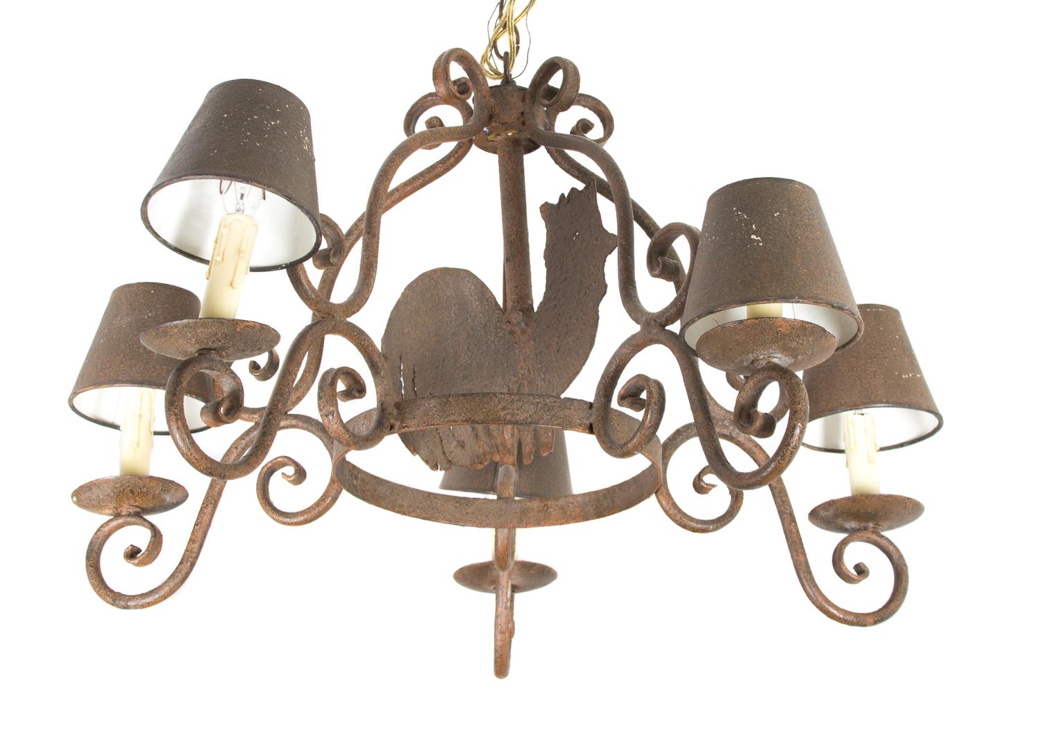 A Wrought Iron Five-Light Chandelier Height 19 1/2 x diameter 30 inches. — 20TH CENTURY