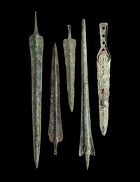 A Group of 5 Luristan Bronze Weapons Including Spearheads and a Sword