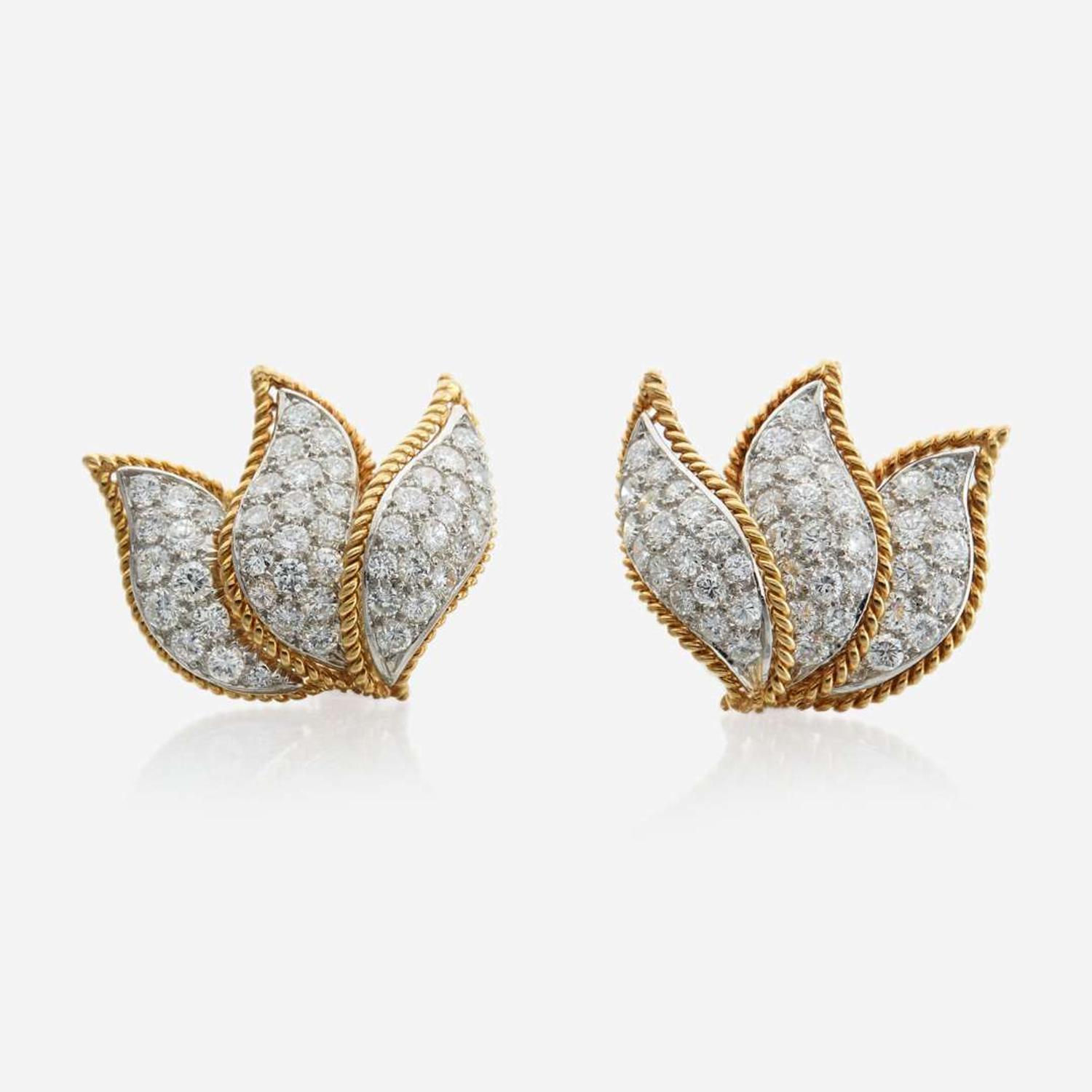 A pair of gold, platinum, and diamond ear clips, Tiffany & Co. Schlumberger