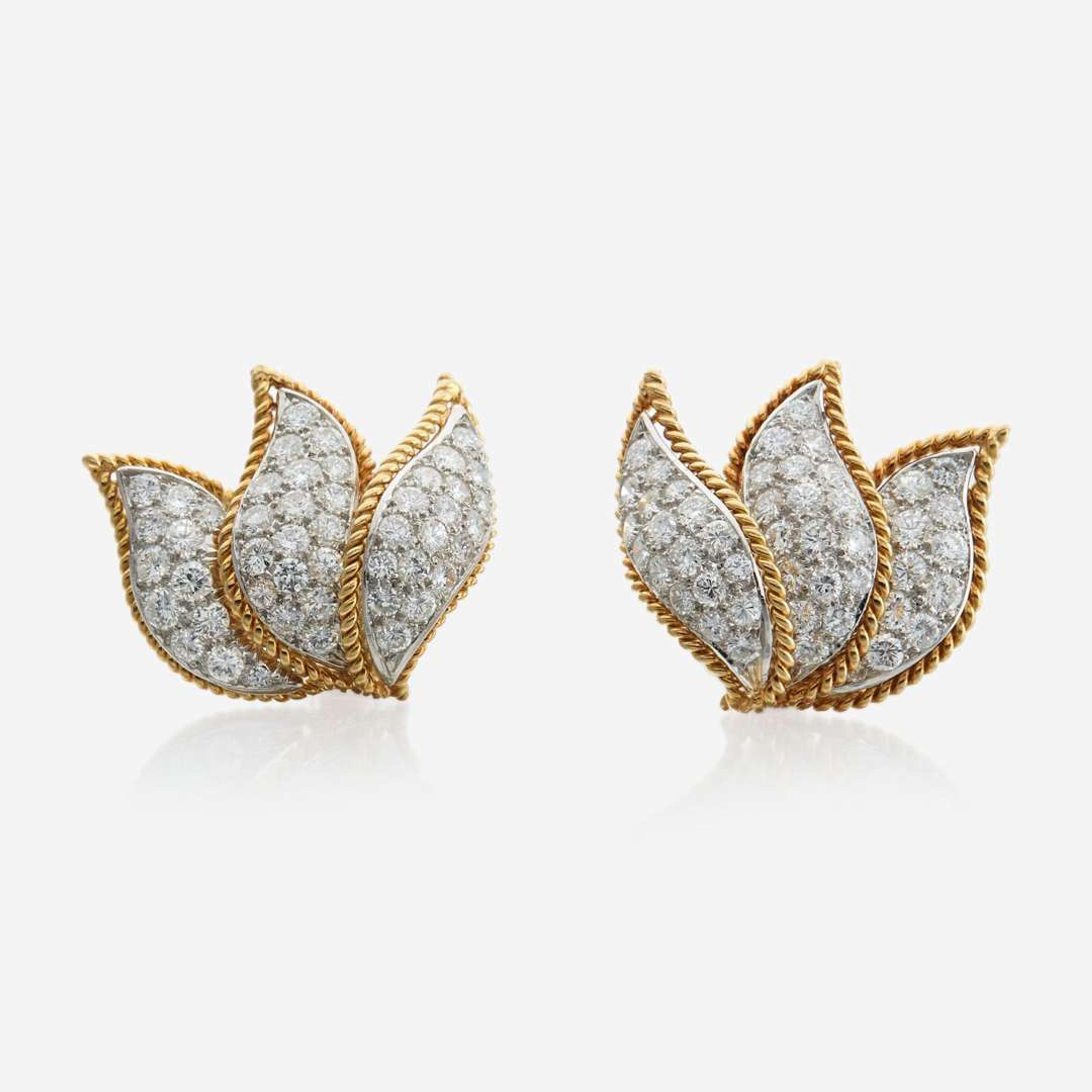 A pair of gold, platinum, and diamond ear clips, Tiffany & Co. Schlumberger