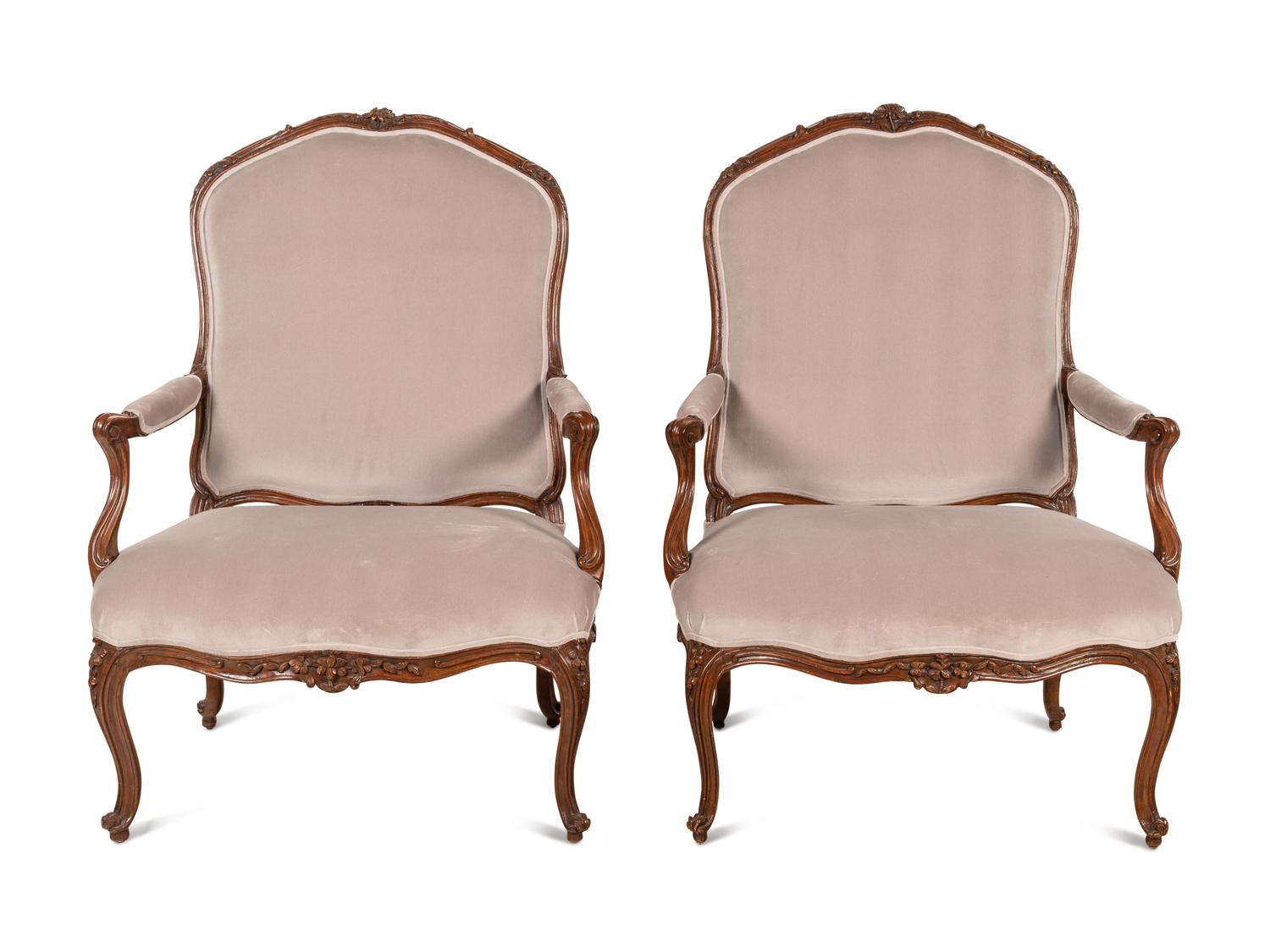A Pair of Oversized Louis XV Carved Beechwood Fauteuils à la Reine by Louis Cresson (French, 1706-1761)