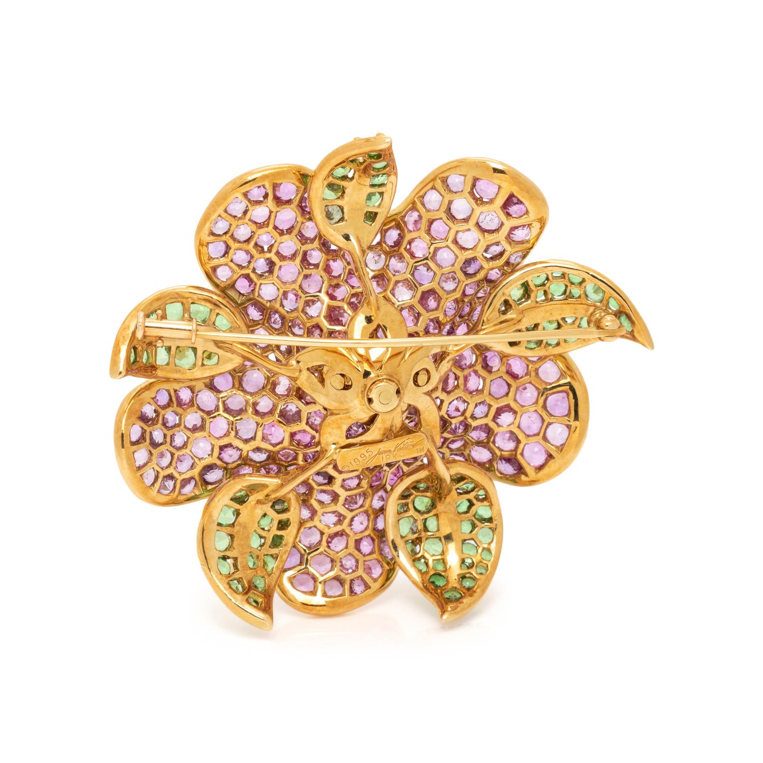 JEAN VITAU, DIAMOND, PINK SAPPHIRE AND TSAVORITE GARNET FLOWER BROOCH
