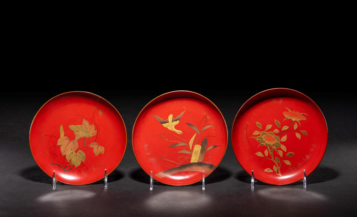Eight Japanese Gilt Decorated Red Lacquered Wares