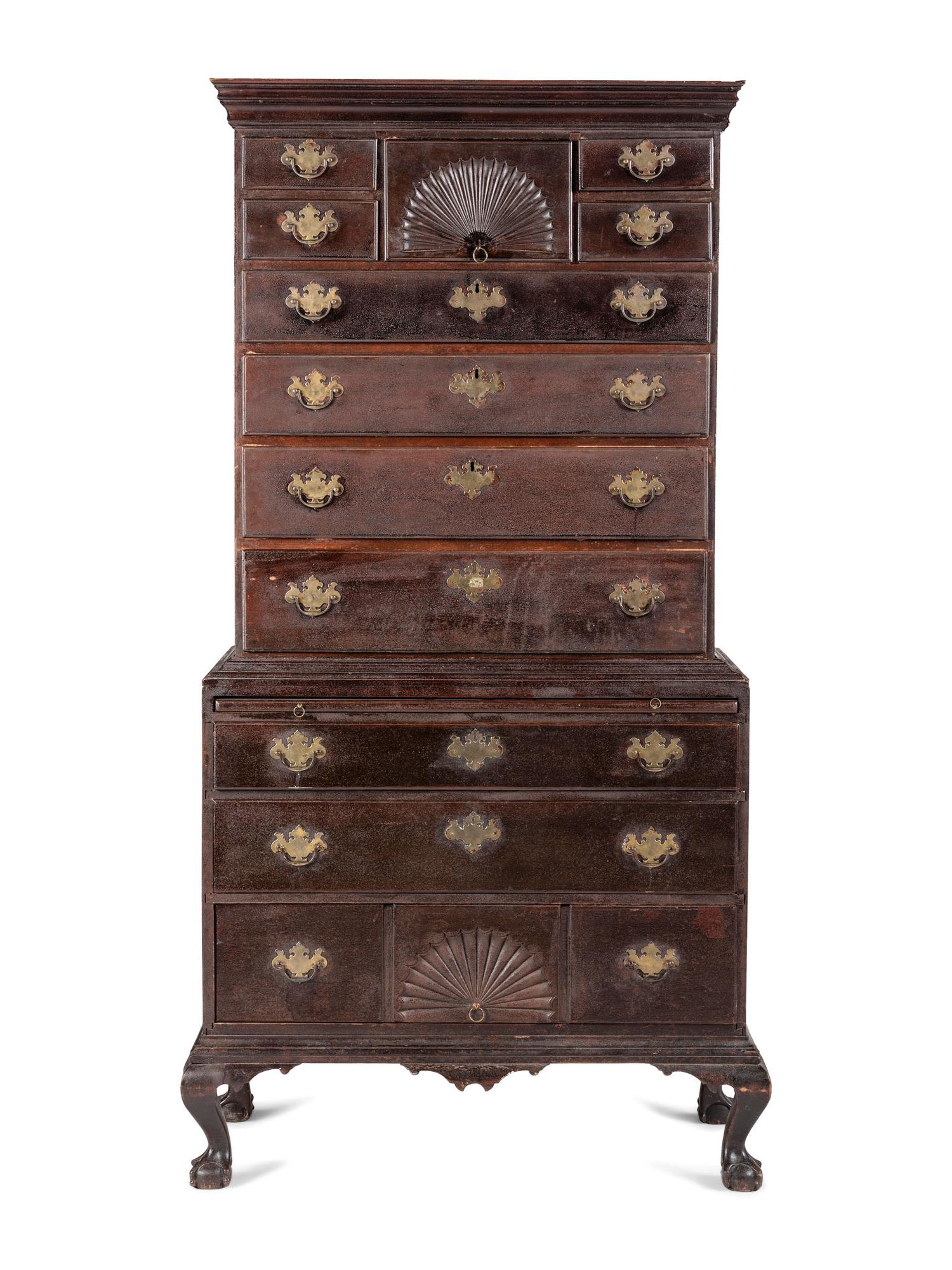 A Chippendale Fan-Carved Cherrywood Claw-and-Ball Foot Chest-on-Chest