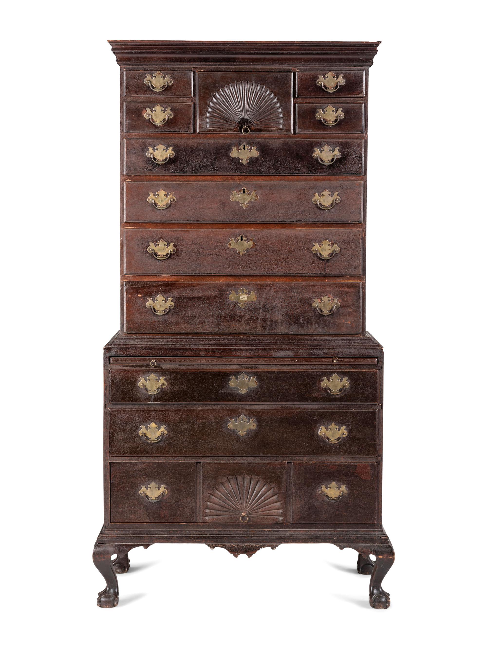 A Chippendale Fan-Carved Cherrywood Claw-and-Ball Foot Chest-on-Chest