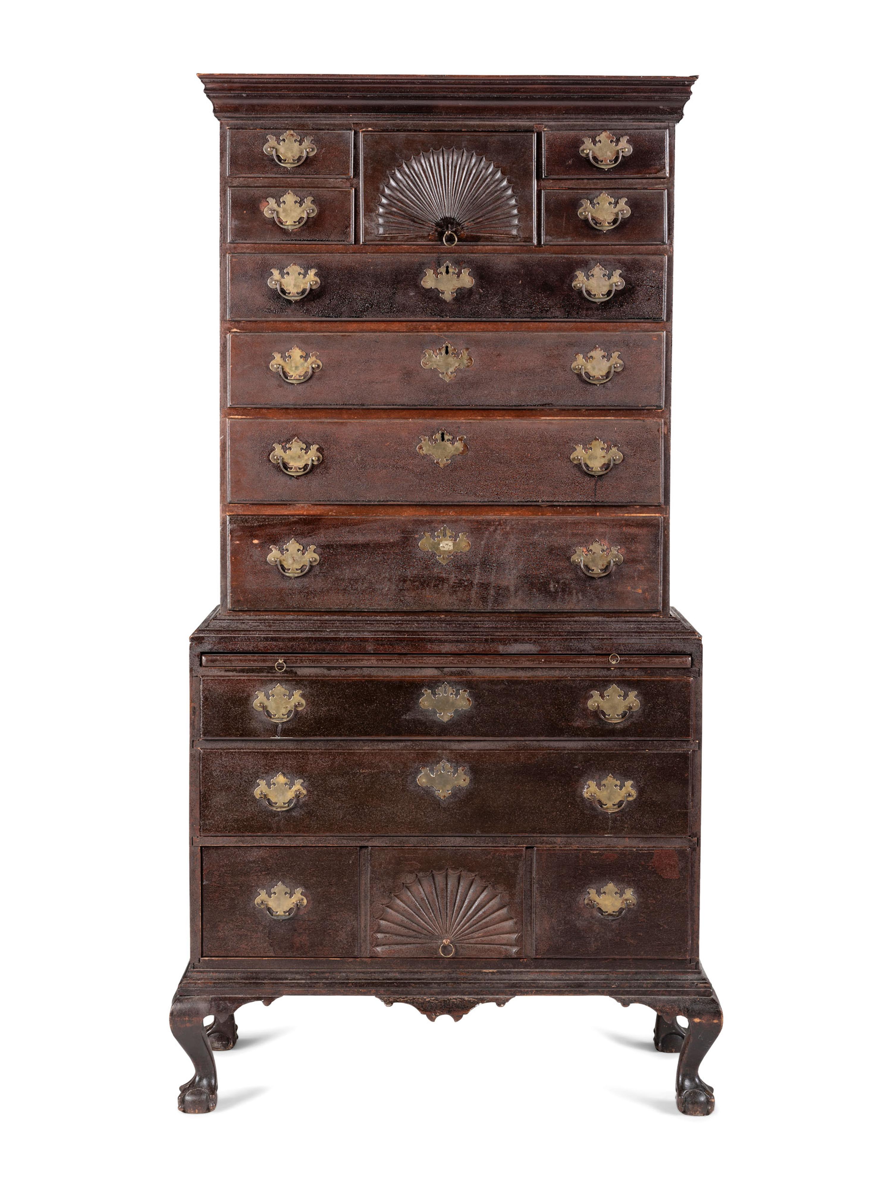 A Chippendale Fan-Carved Cherrywood Claw-and-Ball Foot Chest-on-Chest