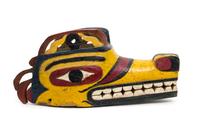 A Nuu-chah-nulth Painted Wood Mask Height 8 1/2 x length 19 x width 6 1/4 inches.
