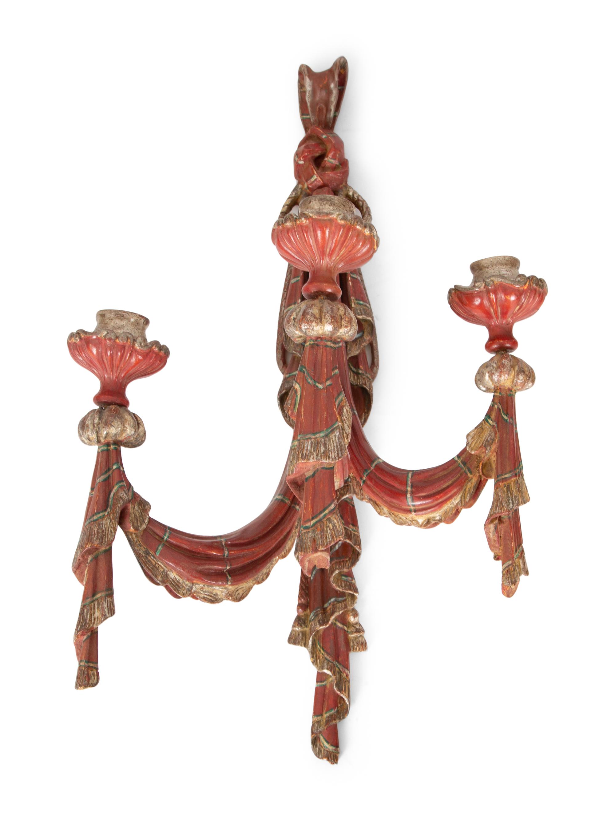 A Pair of Venetian Style Painted and Silver-Gilt Wood Three-Light Sconces