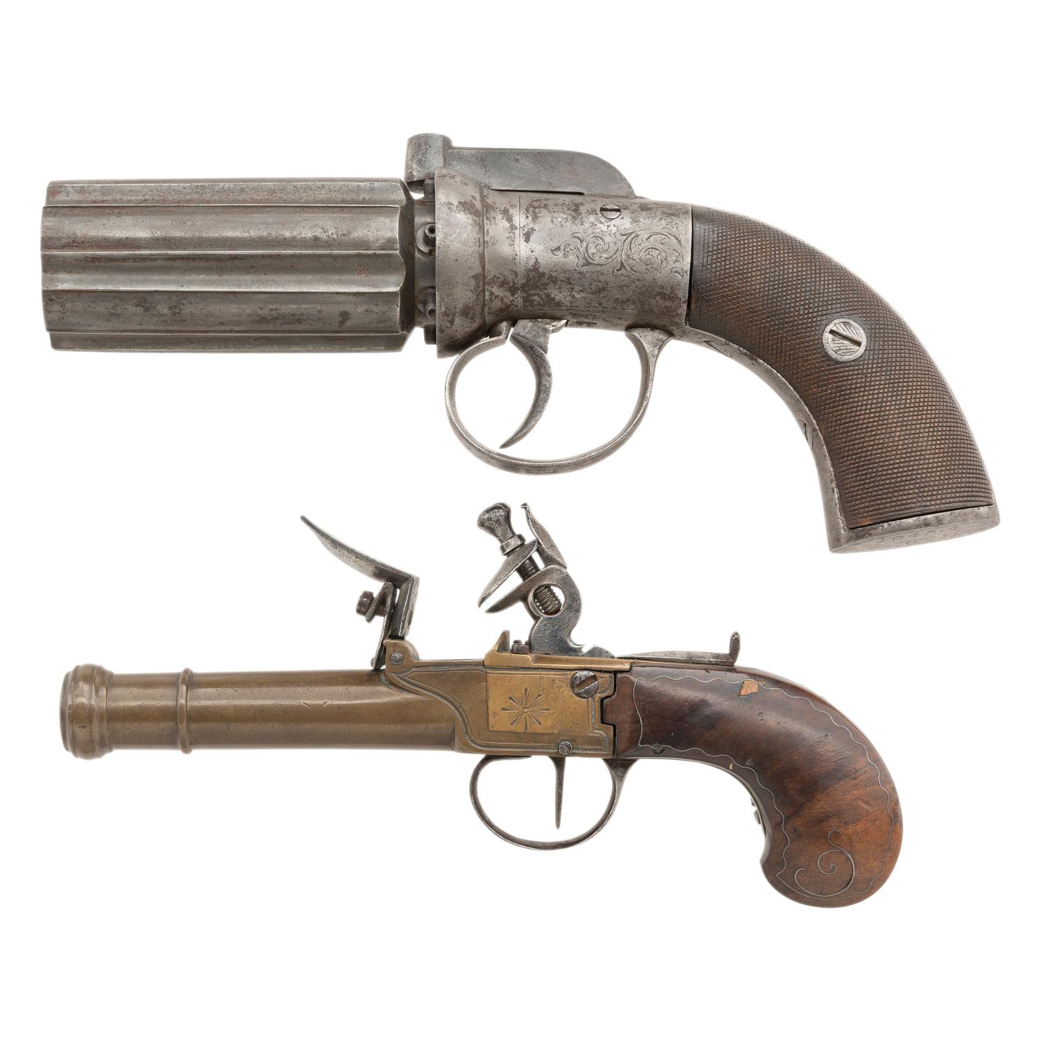 Two Antique Handguns: Brass Flintlock Pocket Pistol and Pepperbox