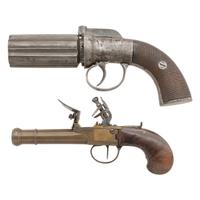 Two Antique Handguns: Brass Flintlock Pocket Pistol and Pepperbox