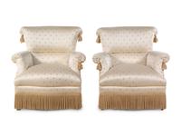 A Pair of Custom Lewis Mittman Upholstered Armchairs with Bullion Fringe